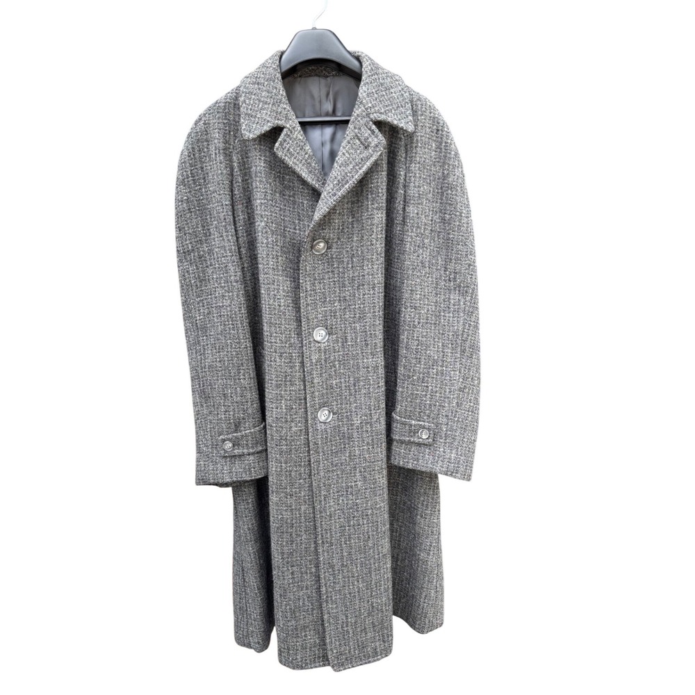 Vintage Rhodes Seattle Harris Tweed Wool Overcoat Grey Salt Pepper Mens XL